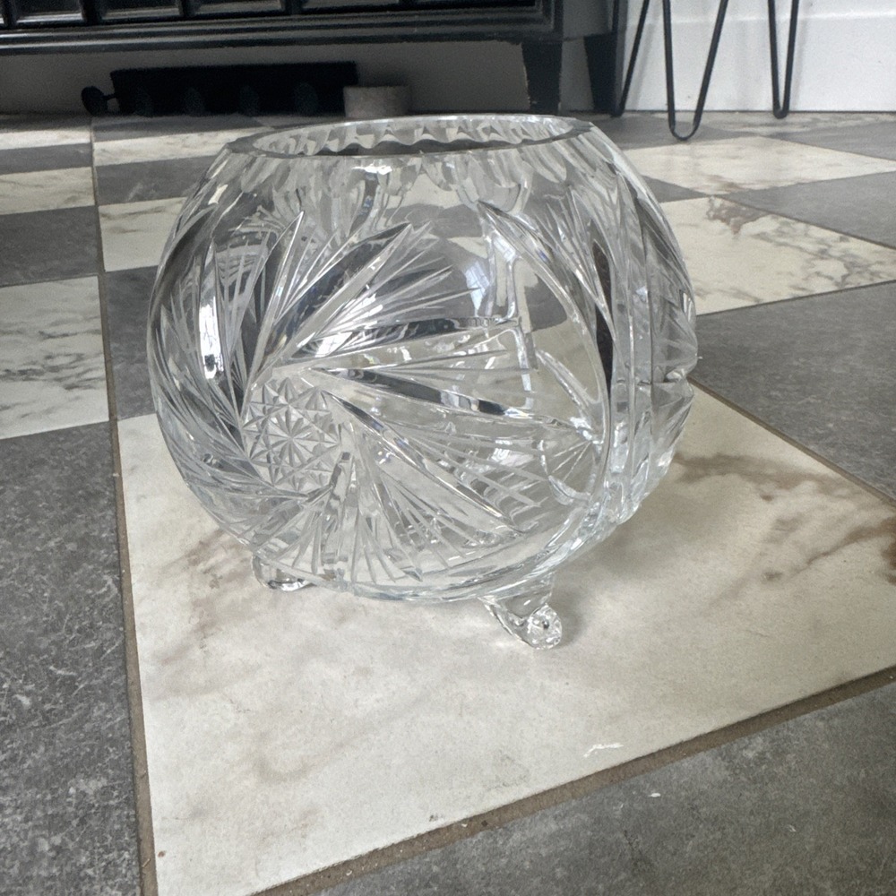 Vintage Hand Cut Crystal 3 Footed Rose Bowl Pinwheel Star Design Clear 6in